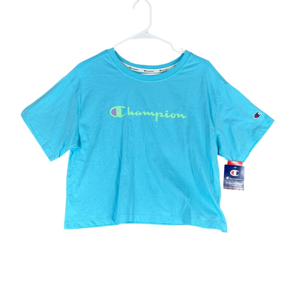 Champion NWT Women’s M Medium Blue Graphic T Shirt Crop Athletic Casual Comfy
